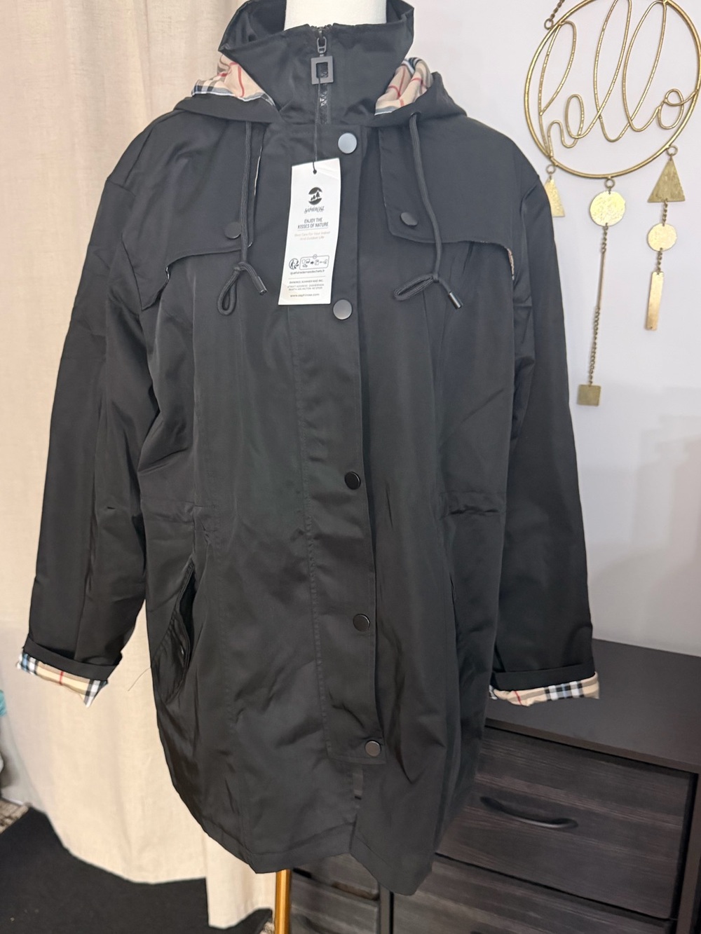 Saphirose Women’s Black Hooded Rain Coat with Plaid Lining Size XL - Picture 2 of 10